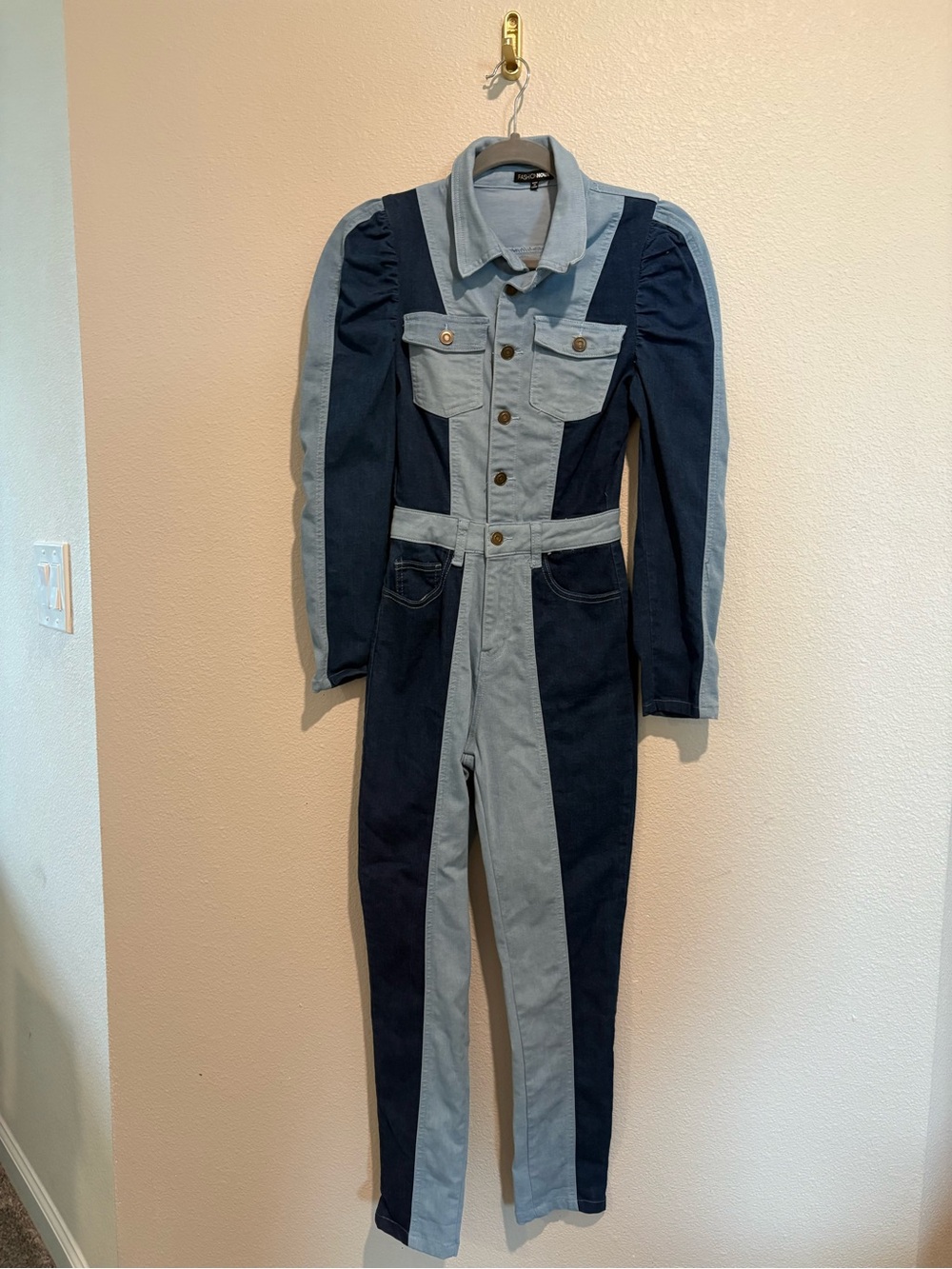Fashion Nova Two-Tone Denim Jumpsuit - Light & Dark Blue